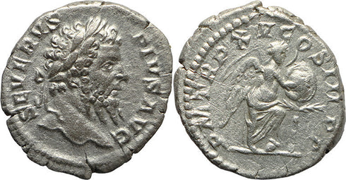 Ancient Roman silver coin of the Emperor Septimius Severus with Victory struck in 207AD